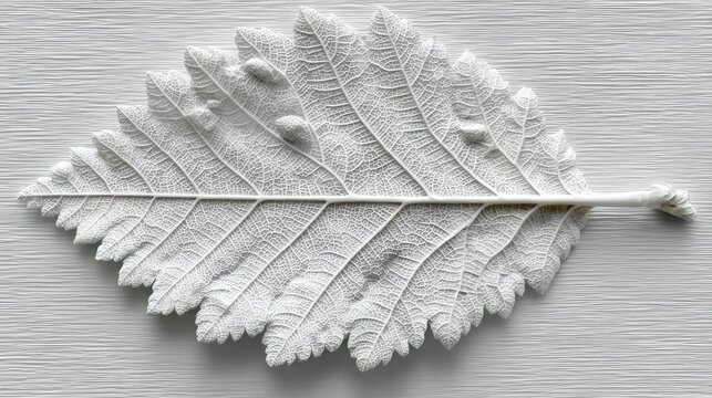 Close-up of a white leaf, showcasing intricate veins and water droplets, set against a neutral background