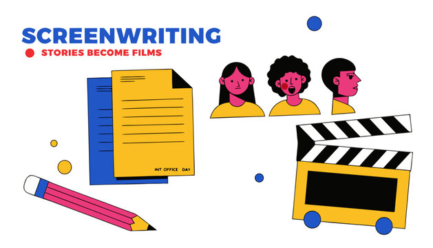 Very beautiful black and white realistic vector illustration of a cinematic storyboard, screenplay pages, pencil, clapperboard and character sketches, SCREENWRITING &bull; STORIES BECOME FILMS, detailed li