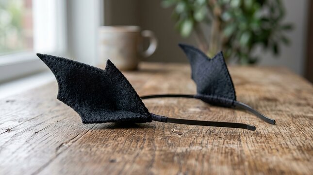 Pair of black felt cat ear headband on rustic wooden table