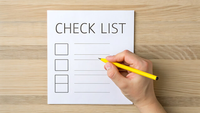 Hand checking off tasks on a blank checklist with a yellow pencil for productivity and planning
