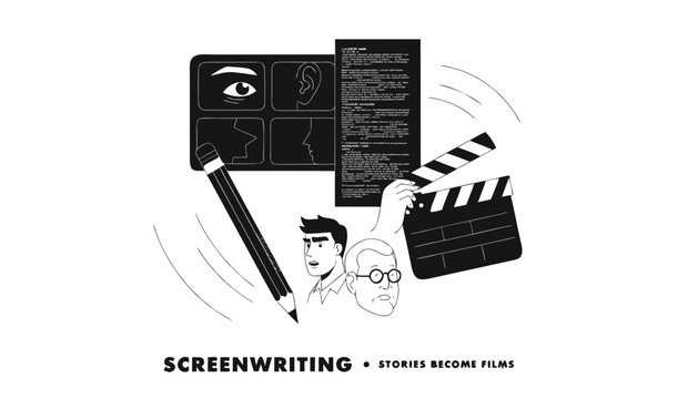 Very beautiful black and white realistic vector illustration of a cinematic storyboard, screenplay pages, pencil, clapperboard and character sketches, SCREENWRITING &bull; STORIES BECOME FILMS, detailed li