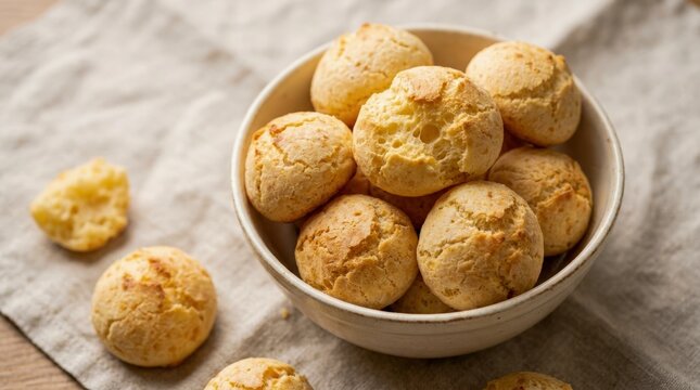 Delicious Golden Pao de Queijo Brazilian Cheese Bread Balls in a Bowl.