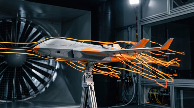 Model of an aero-x 01 drone undergoing aerodynamic testing in a wind tunnel with flowing orange and yellow ribbons.