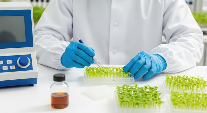 Scientist in blue gloves and lab coat meticulously working with plant seedlings in a biotechnology research laboratory