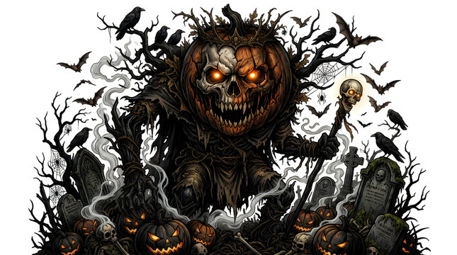 Pumpkin king monster skeleton with glowing eyes in spooky cemetery for halloween graphics.