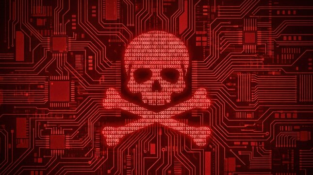 Digital Skull and Crossbones Symbol on Red Circuit Board Background.