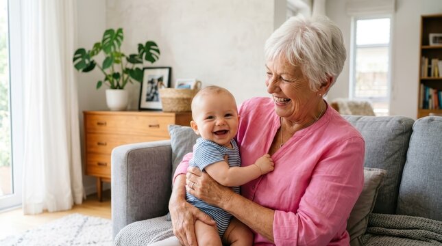 Happy Grandmother Holding and Laughing with Her Smiling Baby Grandson in a Bright Modern Living Room