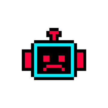 Cute pixel art robot character with angry expression and blue frame