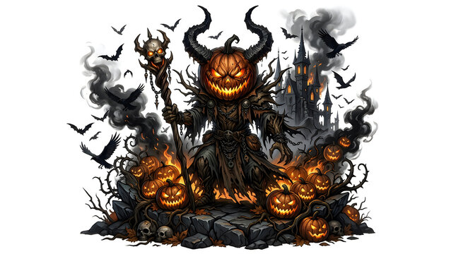 Pumpkin monster with horns, staff, and castle for halloween celebration designs.