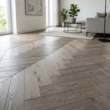 Modern Living Room with Herringbone Wood Floor.