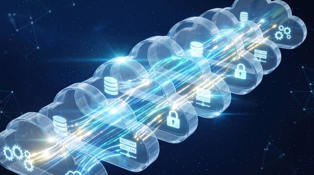 Cloud computing data storage network security, digital information flow through transparent clouds, server database connection, cybersecurity lock icon, big data processing