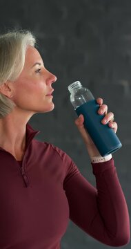 Vertical video: Woman in maroon top uncapping blue bottle, drinking to hydrate at gym, copy space