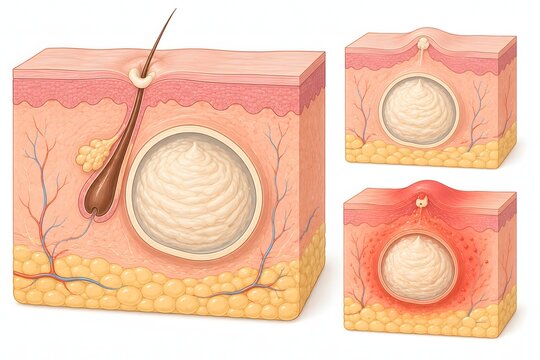 Sebaceous cyst epidermoid skin cross-section diagram, dermatology surgical illustration showing epidermoid sebaceous cyst with keratin content, epithelial wall and blocked follicle origin