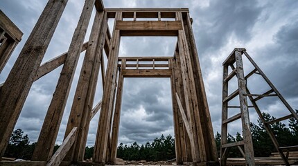 Fototapeta premium Low angle view of a wooden building frame and ladder during new residential home construction under a dramatic cloudy sky.