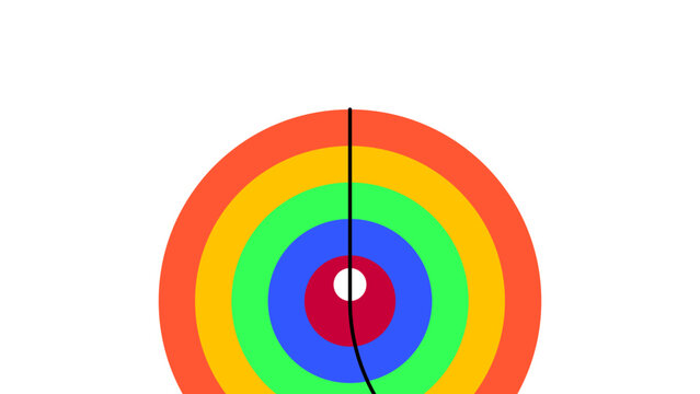 Colorful concentric circles with a vertical black line on white background