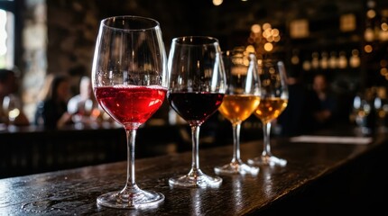 Naklejka premium Row of Diverse Wine Glasses on a Dark Wooden Bar Counter in a Dimly Lit Winery Cellar with Bokeh Background