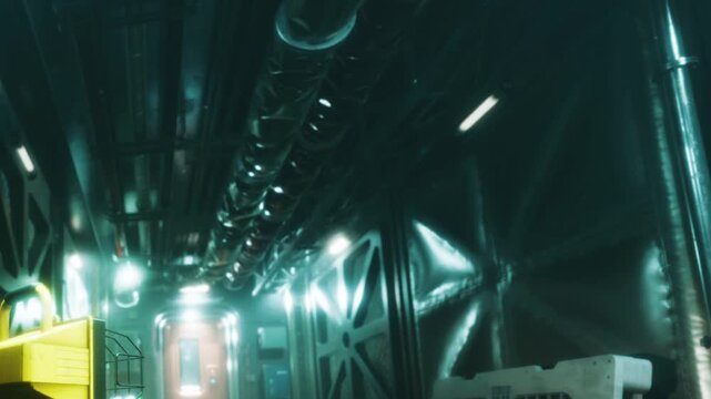 A bright yellow machine is positioned at the front of a long hallway in a modern facility. The space features shiny walls and complex pipework overhead. Lights create a strong ambiance.