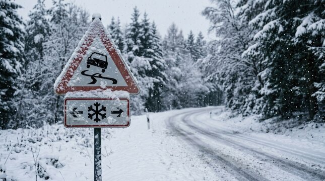 A snowy forest road with a warning sign indicating slippery conditions and ice during the cold winter season
