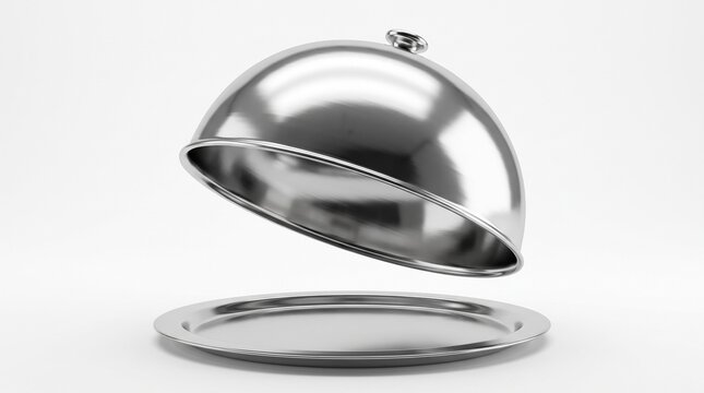 Cloche on a Silver Platter with a Lifting Lid for Elegant Food Presentation and Culinary Service on a White Background