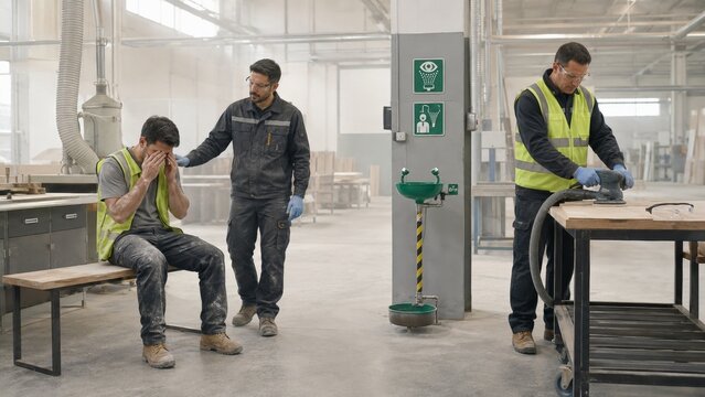 Factory Worker Suffering Eye Irritation During Workplace Safety Incident