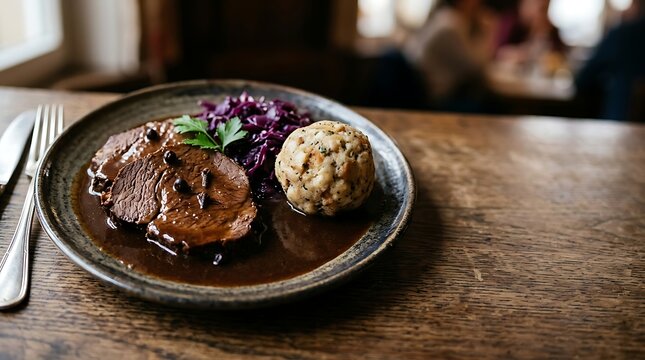 Traditional german beef roast with bread dumpling and red cabbage