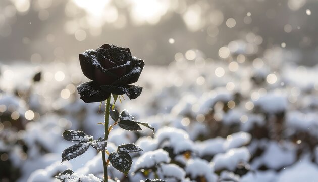 A solitary black rose peeking through a frosty winter landscape, its petals dusted with snow, illuminated by soft, diffused light