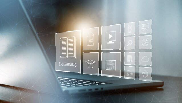 E learning concept with laptop displaying educational icons and symbols