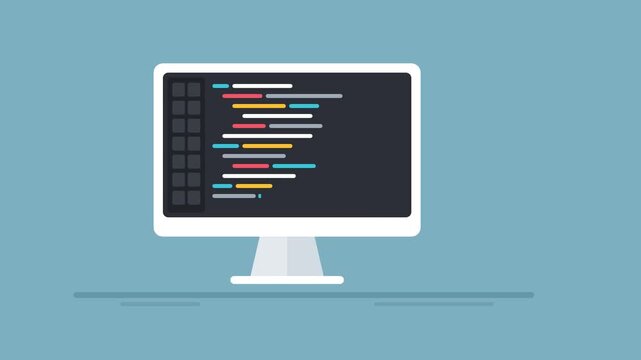 Flat Vector Software Development Animation with Desktop Monitor Coding, Smartphone App Grid and Floating Icons