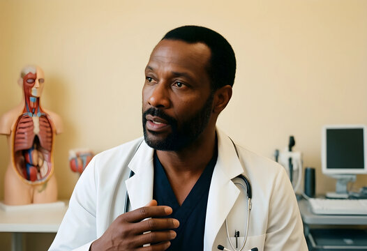 African american male doctor in a white lab coat and stethoscope in a medical office with an anatomical model, an anatomical model is visible in the background, a learning or diagnostic