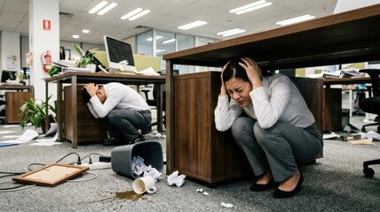 Fototapeta premium Office Workers Hiding Under Desks During Earthquake Drill or Natural Disaster Emergency in Modern Workplace