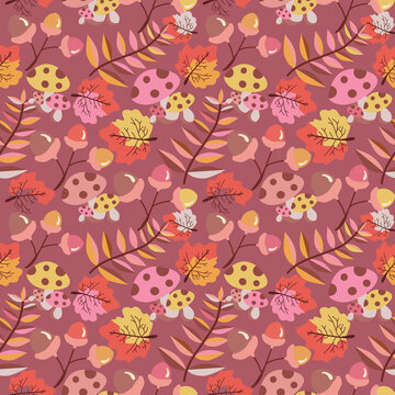 seamless floral pattern. Charming autumn seamless pattern with cute dotted mushrooms, acorns, and dried leaves on a purple background.
