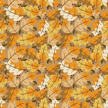 autumn leaves background. Elegant autumn seamless pattern filled with overlapping golden oak leaves and berries for seasonal design.