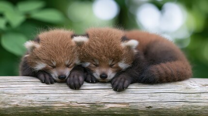 Obraz premium The Red Panda Cubs Sleeping Side by Side on a Rustic Wooden Beam