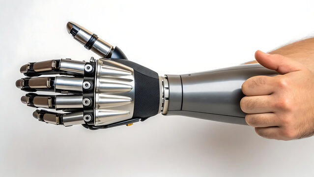 Futuristic robotic prosthetic hand gripping pen showcasing advanced bionic technology and precision