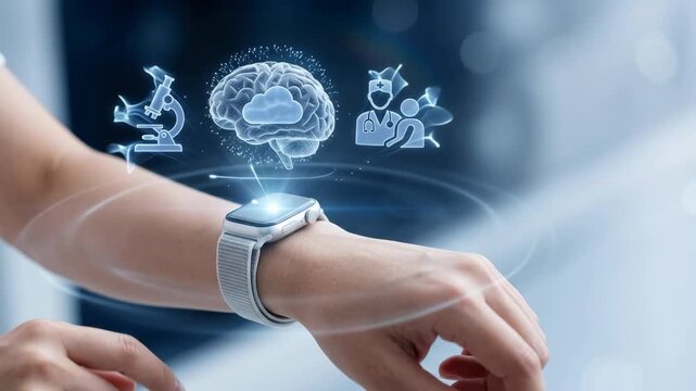 A close-up photo of anonymous user interacting with wearable health device for medical analysis showing holographic brain and cloud icons in futuristic clinic
