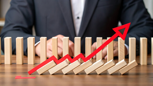Business professional pushing upward trending financial growth arrow on wooden blocks