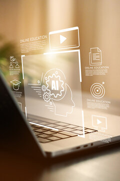 E learning and online education concepts with laptop and digital elements in a workspace