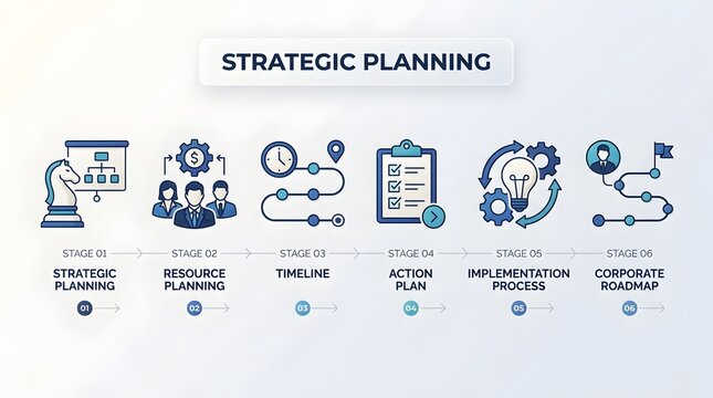 Strategic planning process infographic with six stages and icons
