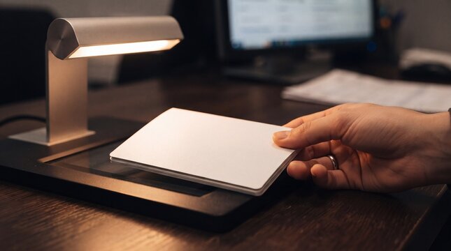 A hand placing a white rectangular onto a scanner device under a bright lamp on a dark ad social media download thambnail poster web template event festival 2026 2027 2028