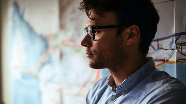 A man wearing glasses looks thoughtfully at a large map on the wall while standing indoors