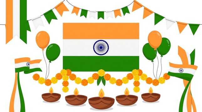 Indian Independence Day background decorated with tri-color flag, garlands, and oil lamps