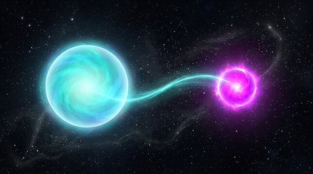 A binary star system with a blue and purple glowing celestial body in outer space