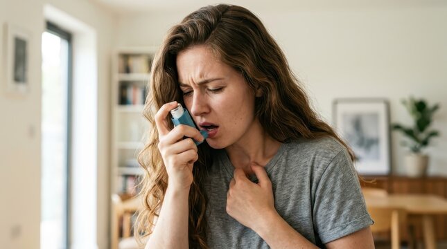 Young Woman Using Asthma Inhaler During Respiratory Attack at Home for Relief and Medical Treatment