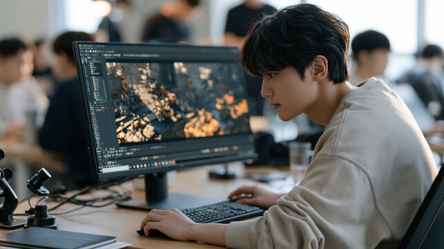 A game developer sits in a busy co-working space surrounded by colleagues as a large monitor displays split-screen comparison of early-build and polished final environments