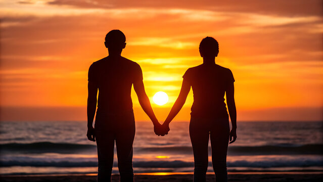 Silhouette couple holding hands at sunset on beach with warm orange glow and romantic mood