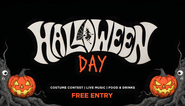 Halloween Day party banner with jack o lanterns