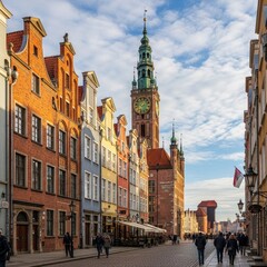 Naklejka premium Colorful historic street with medieval town hall and clock tower.