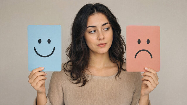Young woman holding happy smiley and sad face cards choosing emotion on neutral background for mental health, customer feedback, mood swing