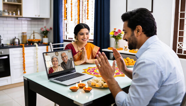 Young Indian couple celebrating Diwali via video call with senior parents on laptop at home, traditional festival greeting and family connection with technology and sweets
