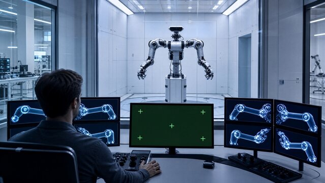 Robotics Lab Breakthrough: A human engineer monitors advanced robotic arms in a high-tech laboratory.